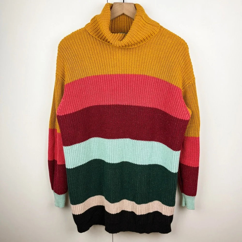 Farm Rio Anthropologie Boldly Striped Turtleneck Sweater Mini Dress Sparkle